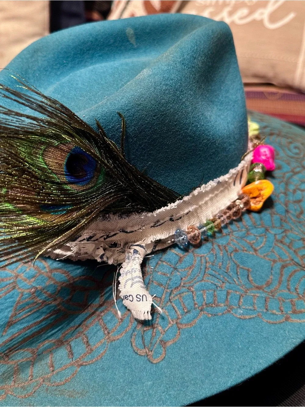 Charlie One Horse Paisley Burned Designed Dark Teal Felt Hat w/ Beaded ColorTrim